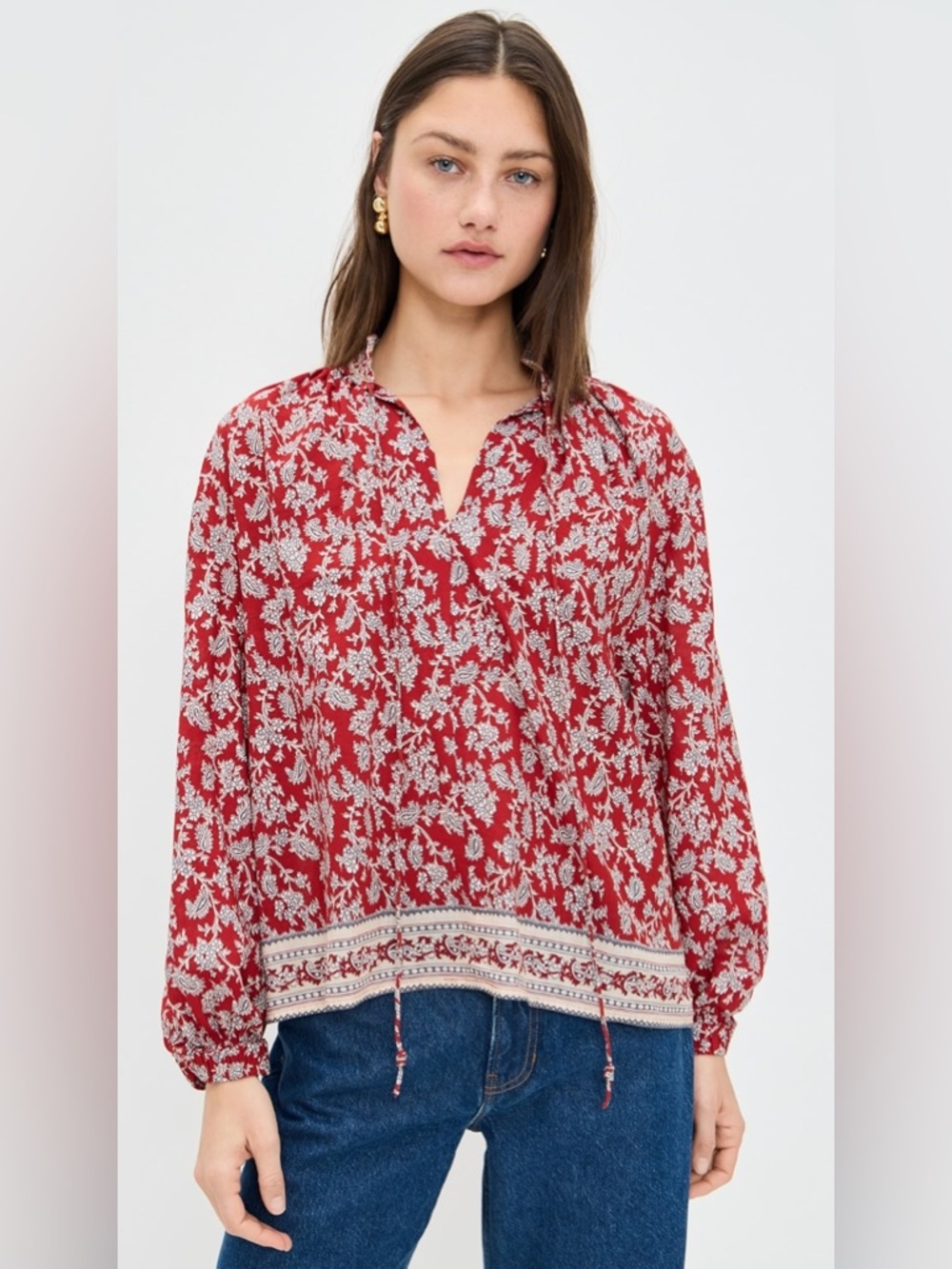 Madewell Red and White Floral Peasant Blouse